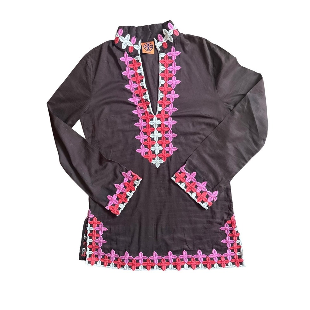 Vintage Y2kTory Burch medium Embroidered Tunic Brown Floral Long Sleeve Top - Picture 3 of 11
